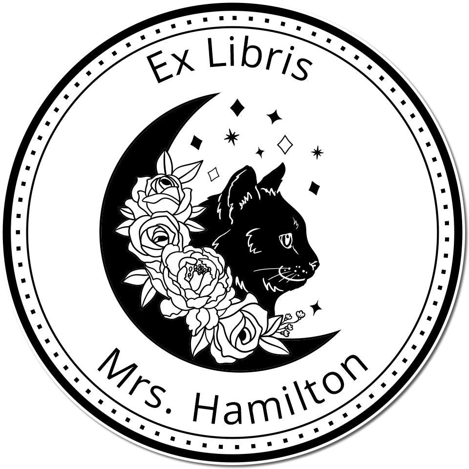 Black-and-white custom Ex Libris book stamp seal with cat silhouette in a crescent moon, flowers, and Mrs. Hamilton text.