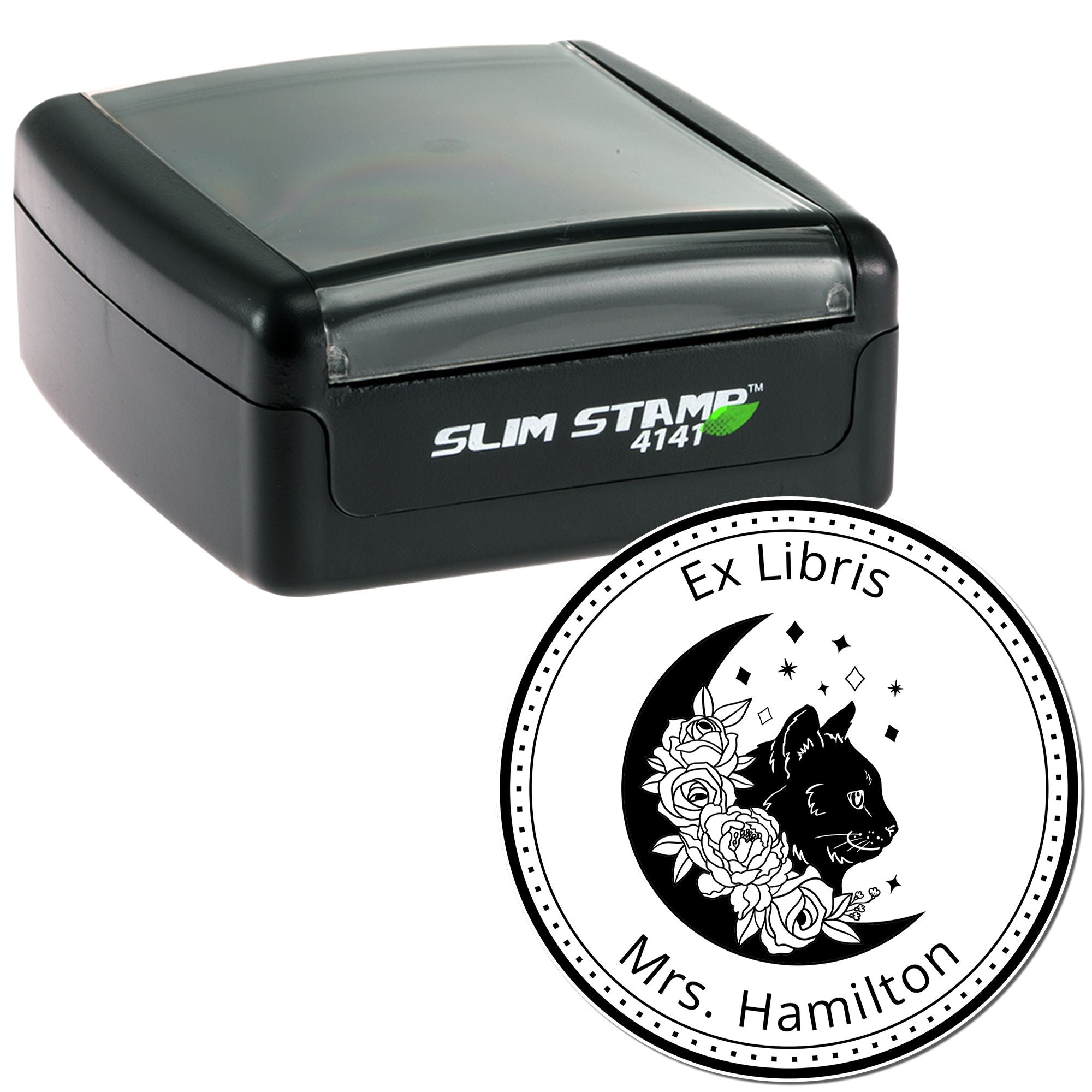 Black Slim Stamp 4141 with custom Ex Libris round seal featuring a cat, crescent moon, and flowers.