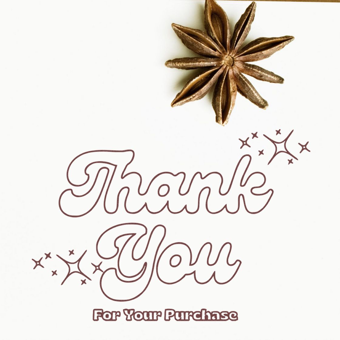 Brown outline thank-you stamp and seal reading Thank You For Your Purchase with star sparkles and star anise on white.