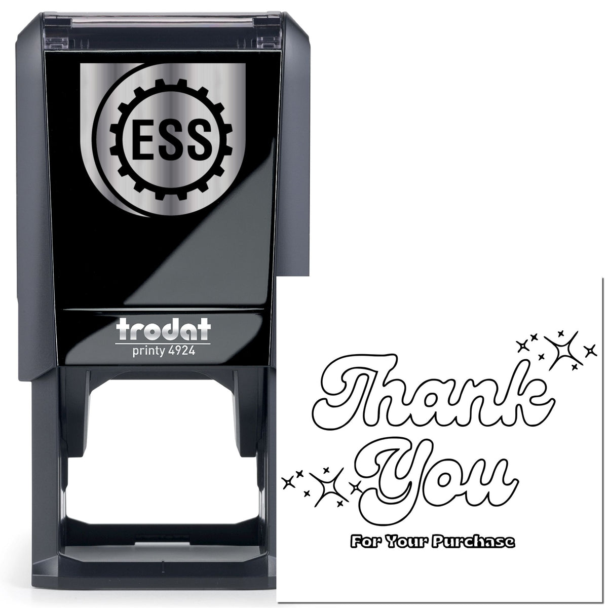 Black self-inking Trodat Printy 4924 stamp and seal with silver ESS logo, beside a white Thank You card.