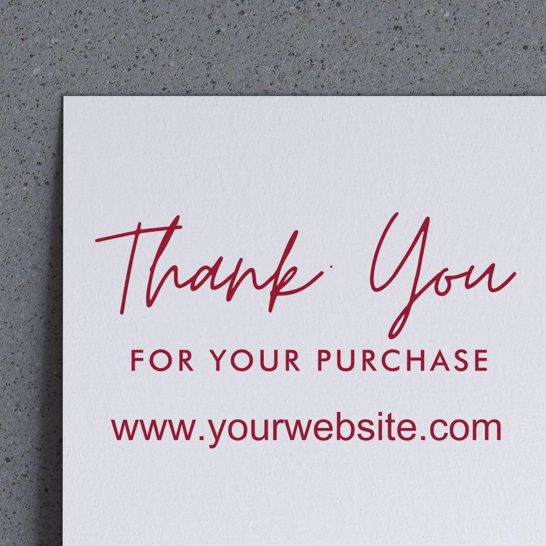Red thank you stamp and seal on white card with For your purchase and website text.