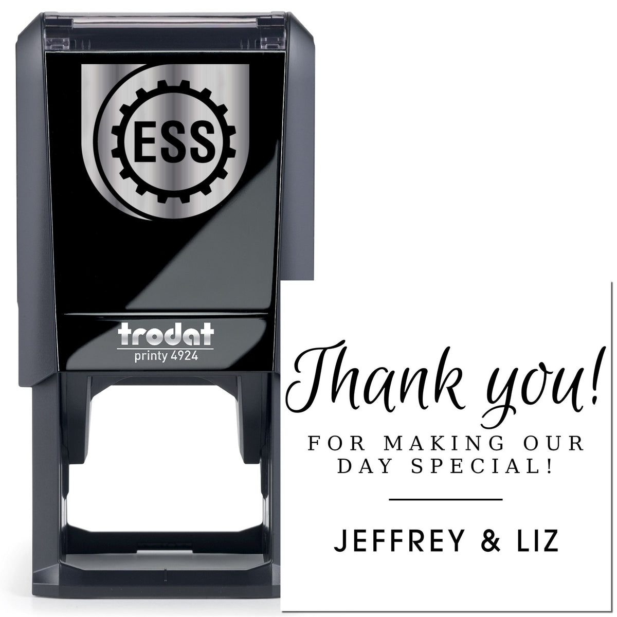 Black self-inking ESS stamp and seal with Trodat Printy 4924, beside a white thank-you card for Jeffrey & Liz.