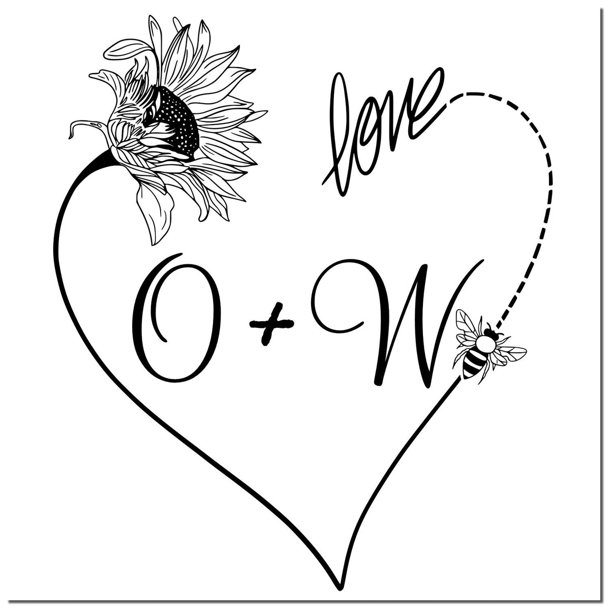 Black-and-white love stamp and seal design with heart outline, sunflower, bee, and O+W lettering.