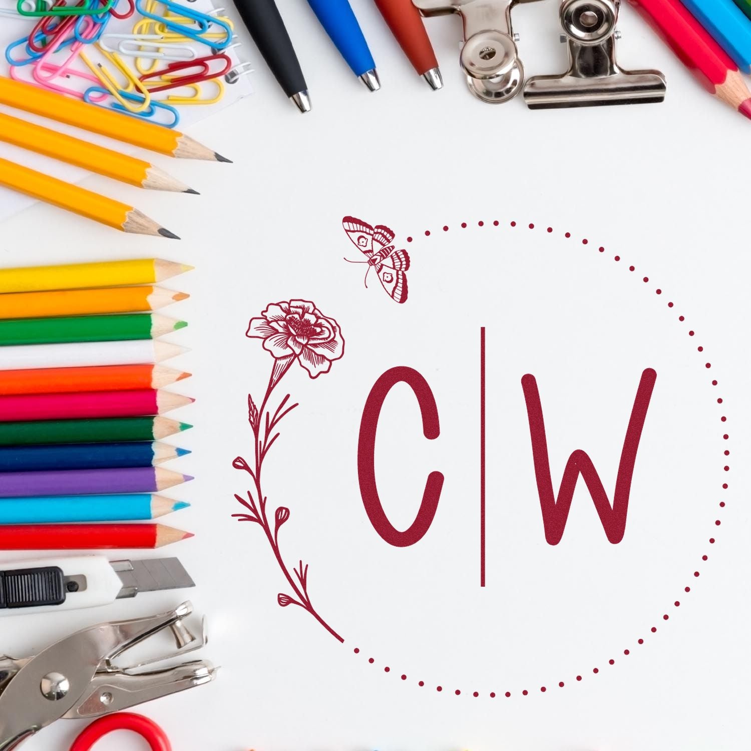 Floral Flutter Monogram Personalized Vintage Initial Stamp - Engineer Seal Stamps