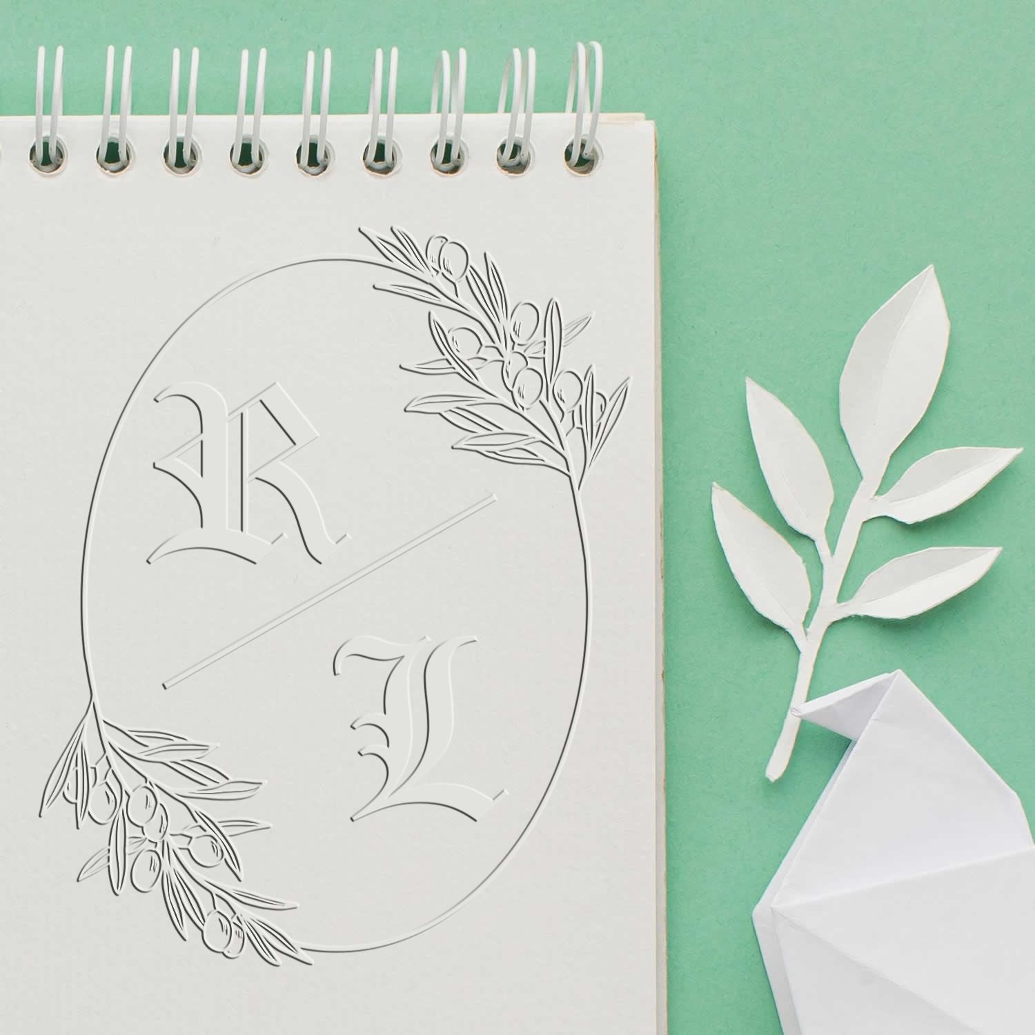 Olive Branch Monogram Hybrid Custom Monogram Initial Stamp Embosser - Engineer Seal Stamps