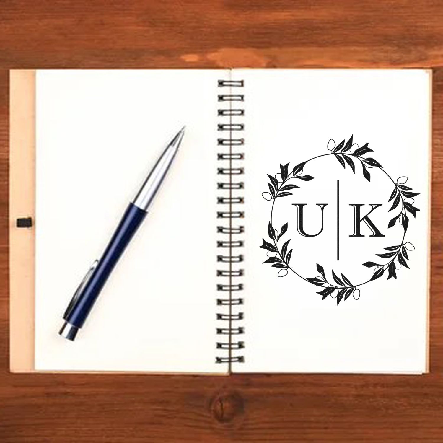 Round Olive Branch Elegance Initial Rubber Stamp