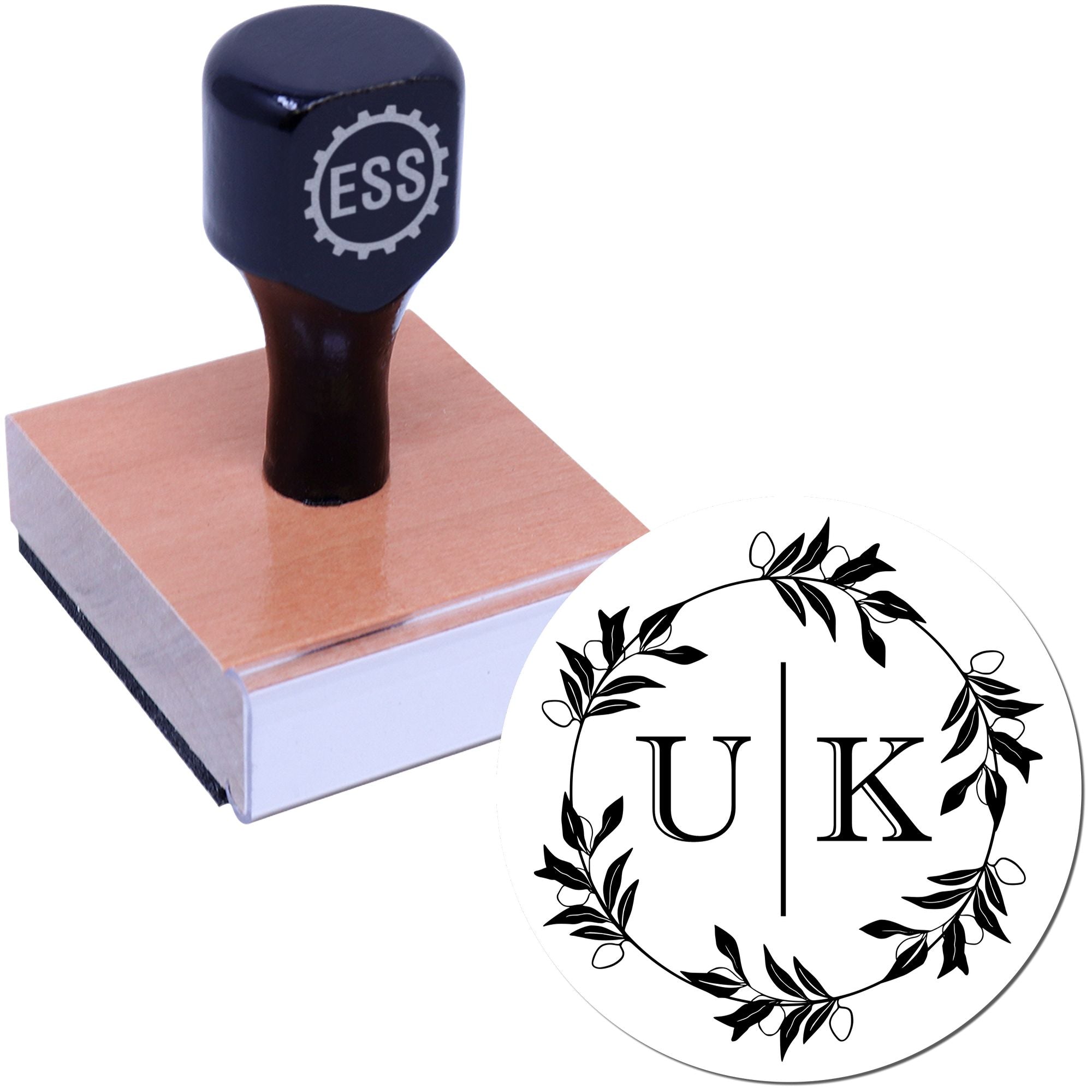 Round Olive Branch Elegance Initial Rubber Stamp