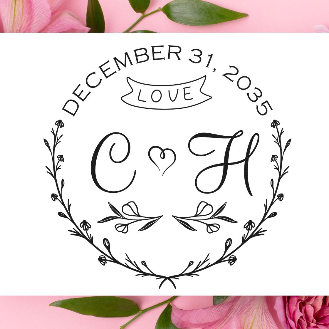Black custom wedding stamp and seal with C?H monogram, LOVE banner, December 31, 2035, floral wreath on white background.