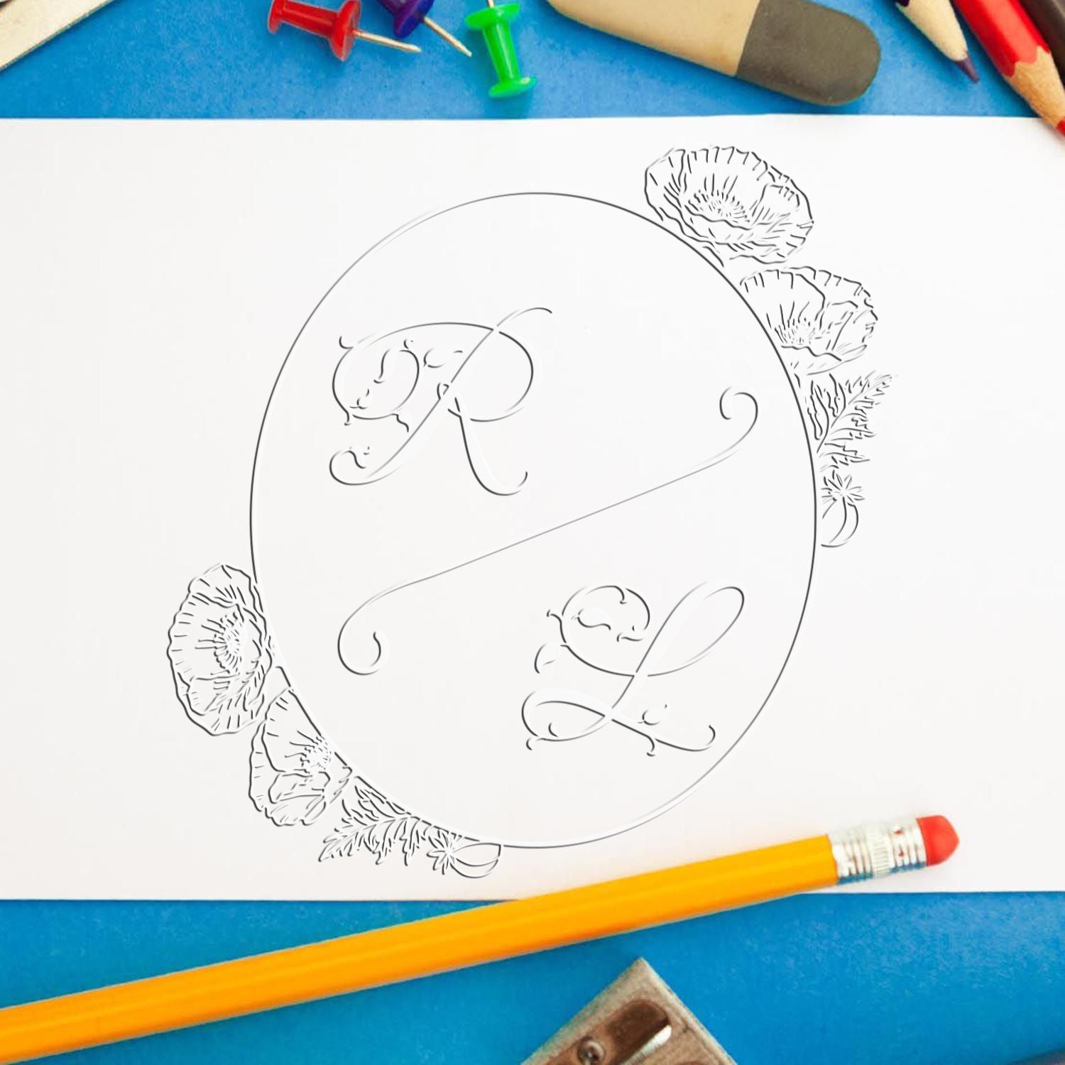Soft Botanical Beauty Monogram Personalized Calligraphy Initial Stamp Embosser
