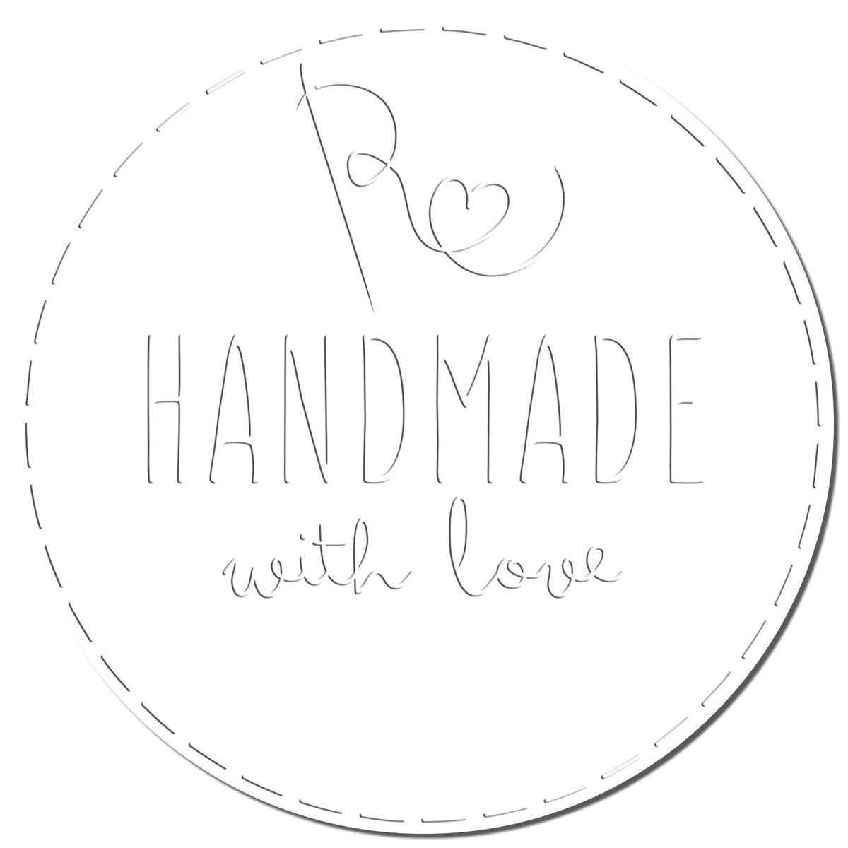 White circular handmade seal stamp with gray dashed border, heart icon, and HANDMADE with love text.