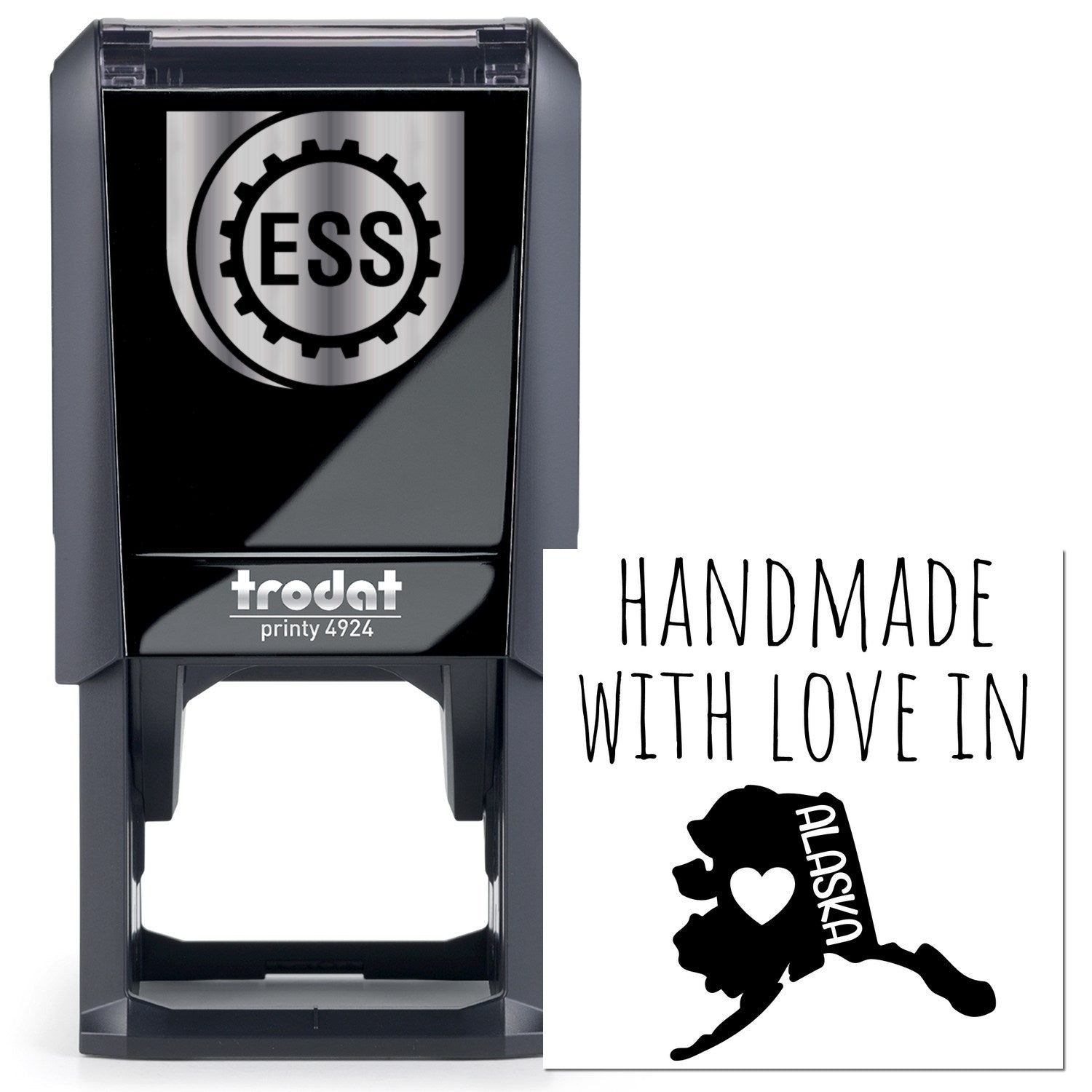 Self-Inking Alaska Handmade with Love Stamp featuring a black casing and Handmade with Love in Alaska design. Perfect for crafts and personalized projects.