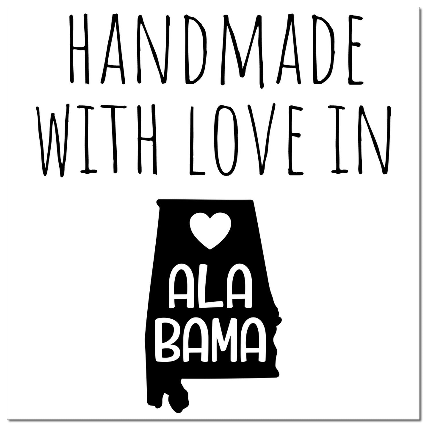 Handmade with Love in Alabama Slim Pre-Inked Stamp featuring a heart and Alabama state outline design. Perfect for crafts and gifts.