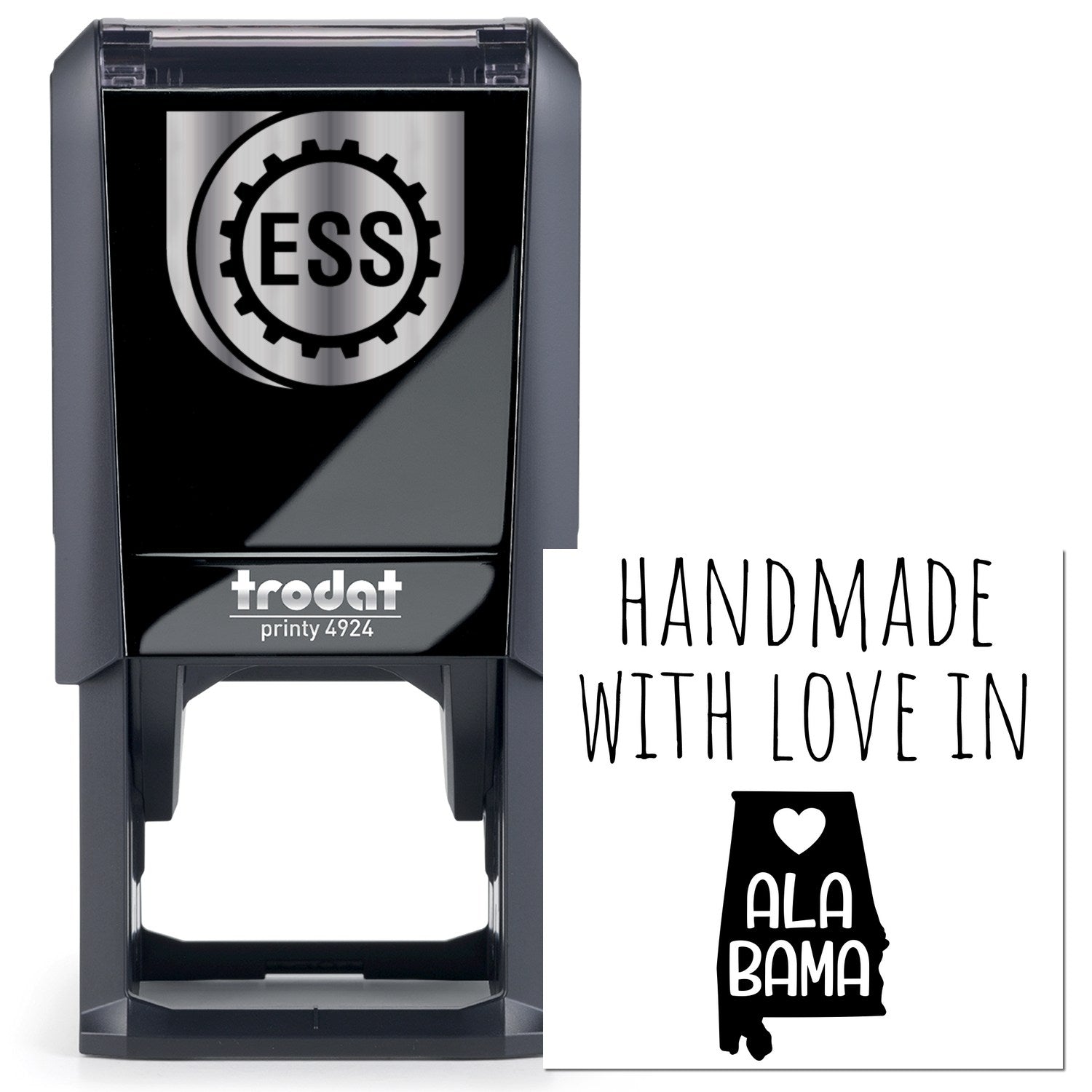 Self-Inking Alabama Handmade with Love Stamp featuring a sleek black design and Handmade with Love in Alabama text, perfect for adding a personal touch to crafts and gifts.