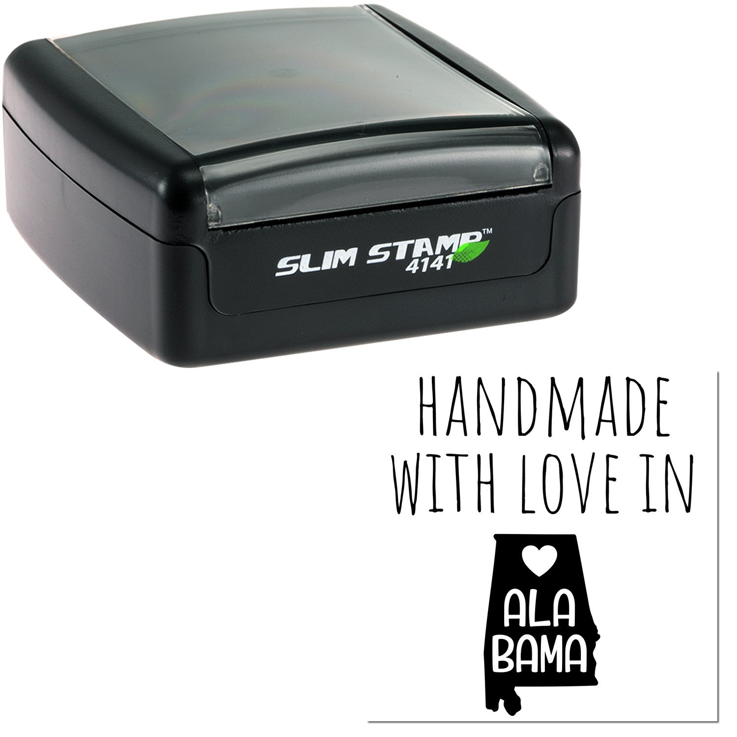 Handmade with Love in Alabama Slim Pre-Inked Stamp, featuring a sleek black design with 'Slim Stamp 4141' branding, perfect for crafting and personalizing projects.