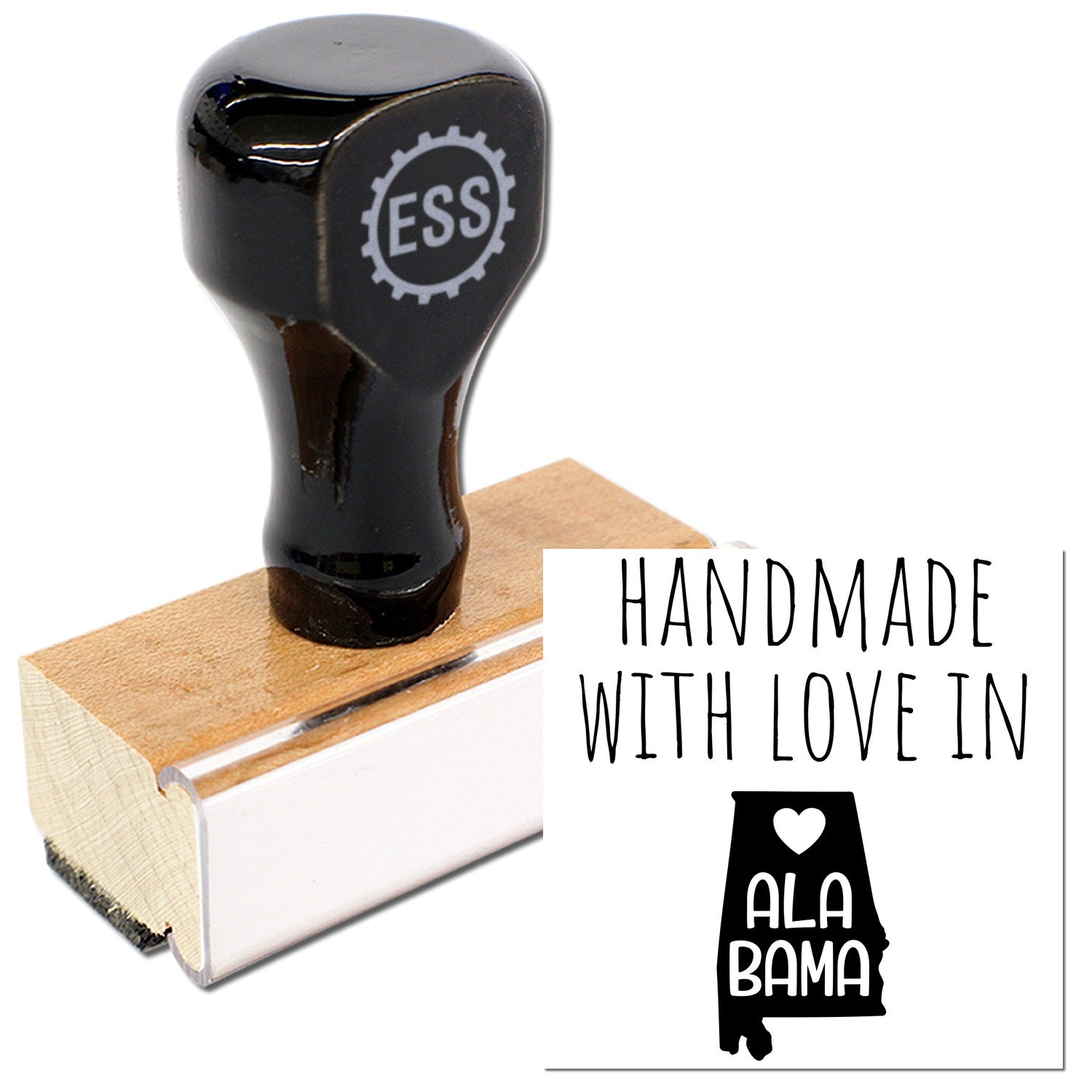 Wood Handle Alabama Handmade with Love Rubber Stamp featuring a black top with ESS logo, wooden base, and Handmade with Love in Alabama imprint design. Perfect for crafts and gifts.