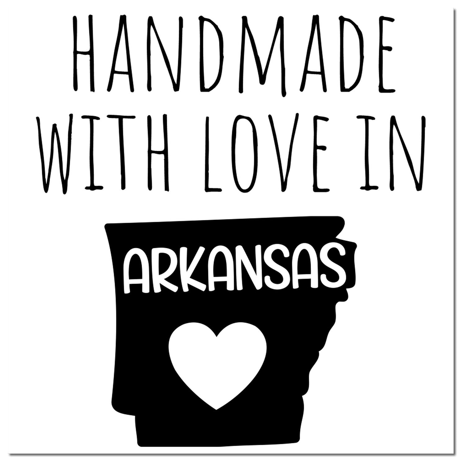 Wood Handle Arkansas Handmade with Love Rubber Stamp featuring a heart and 'Arkansas' text, perfect for crafts and gifts. Black design on a white background.