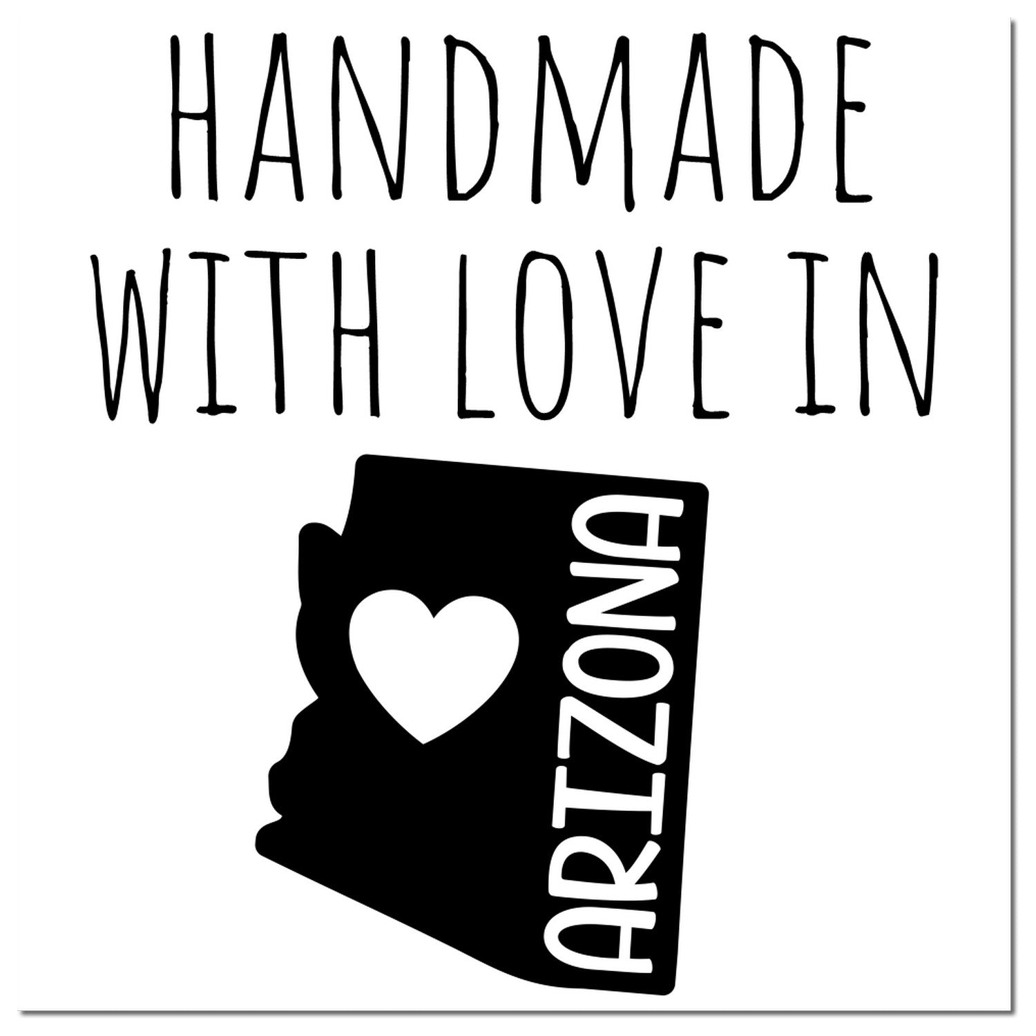 PSI Pre-Inked Handmade with Love in Arizona stamp featuring a heart and Arizona state outline, perfect for crafts and gifts. Black design on a white background.