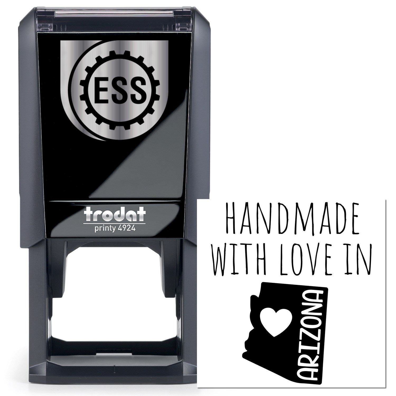 Self-Inking Arizona Handmade with Love Stamp featuring a black casing and Handmade with Love in Arizona design. Perfect for crafts and personalized projects.