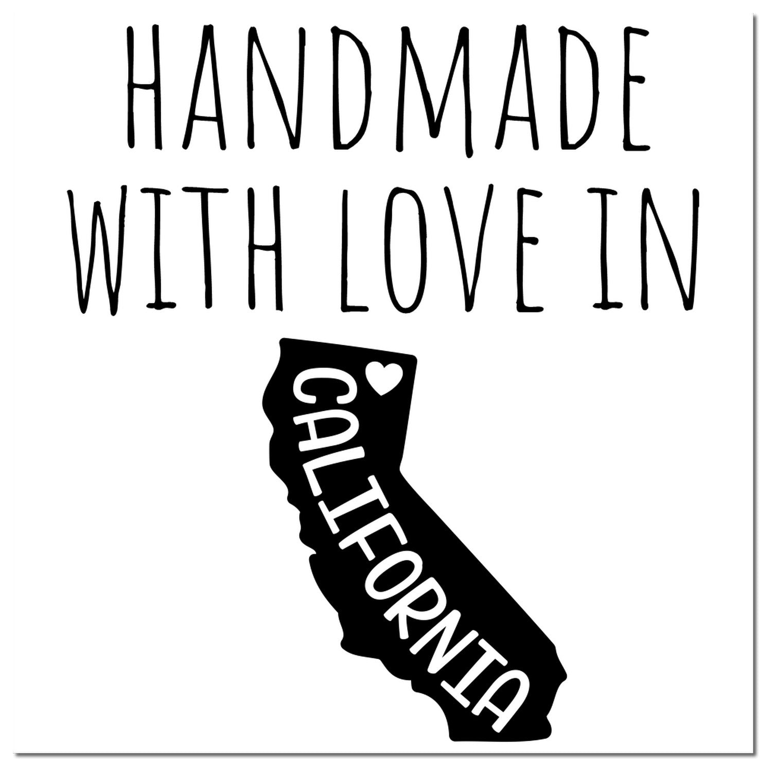 Wood Handle California Handmade with Love Rubber Stamp featuring a black imprint of California with 'Handmade with Love in California' text. Perfect for crafts and gifts.