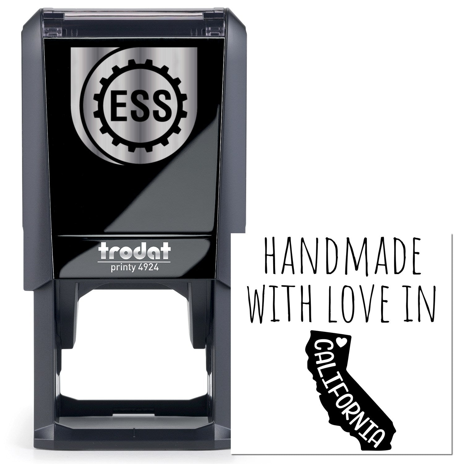 Self-Inking California Handmade with Love Stamp featuring a sleek black design and Handmade with Love in California text, perfect for crafts and personalized projects.