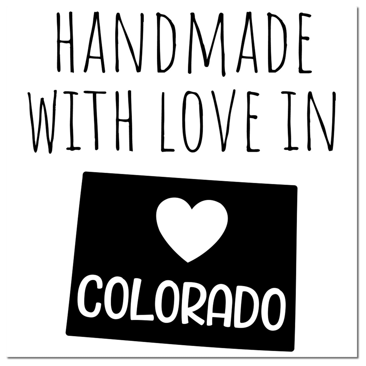 PSI Pre-Inked Handmade with Love in Colorado stamp featuring bold text and a heart design, perfect for adding a personal touch to crafts and gifts.