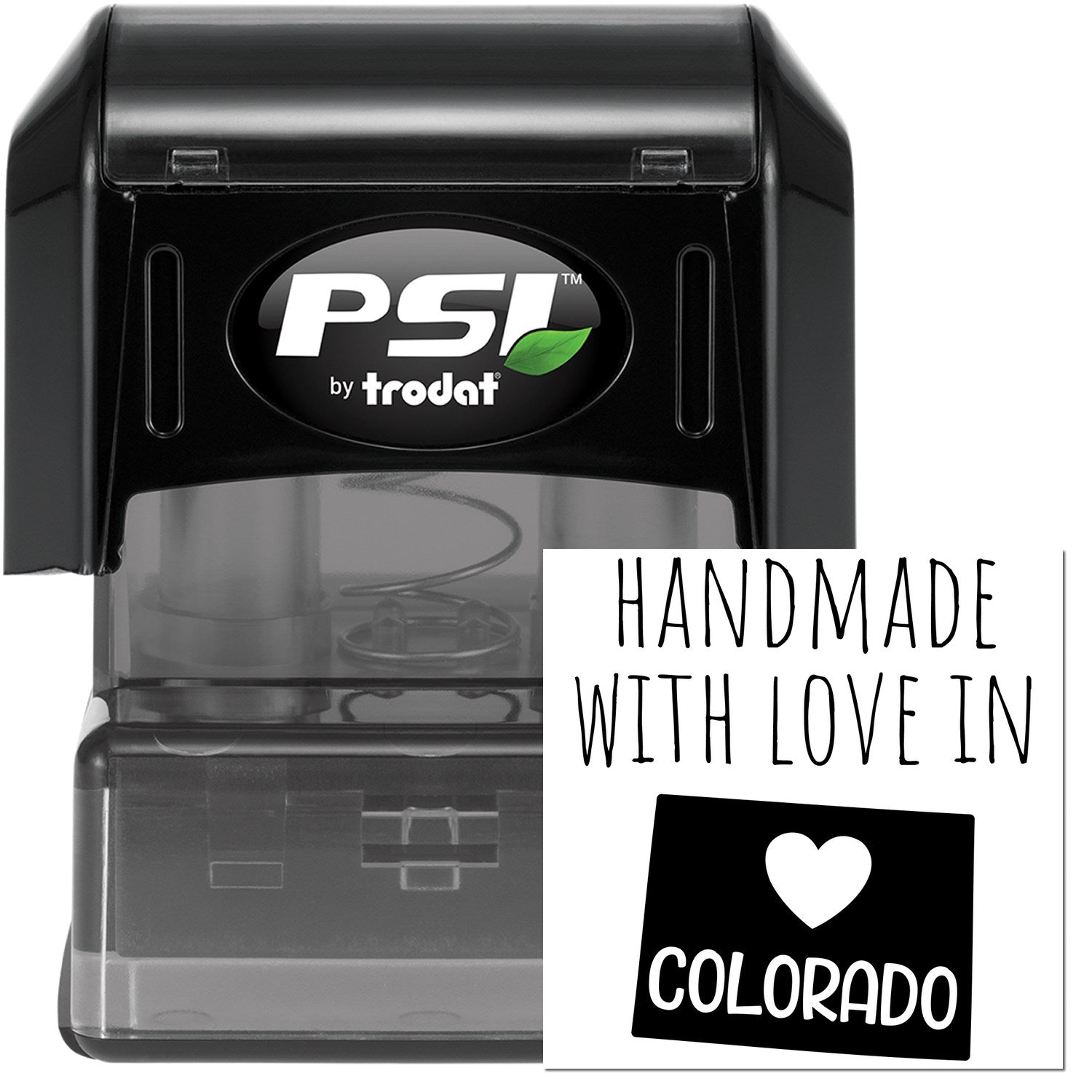 PSI Pre-Inked Handmade with Love in Colorado stamp, featuring a sleek black design with a clear base and a 'Handmade with Love in Colorado' imprint.