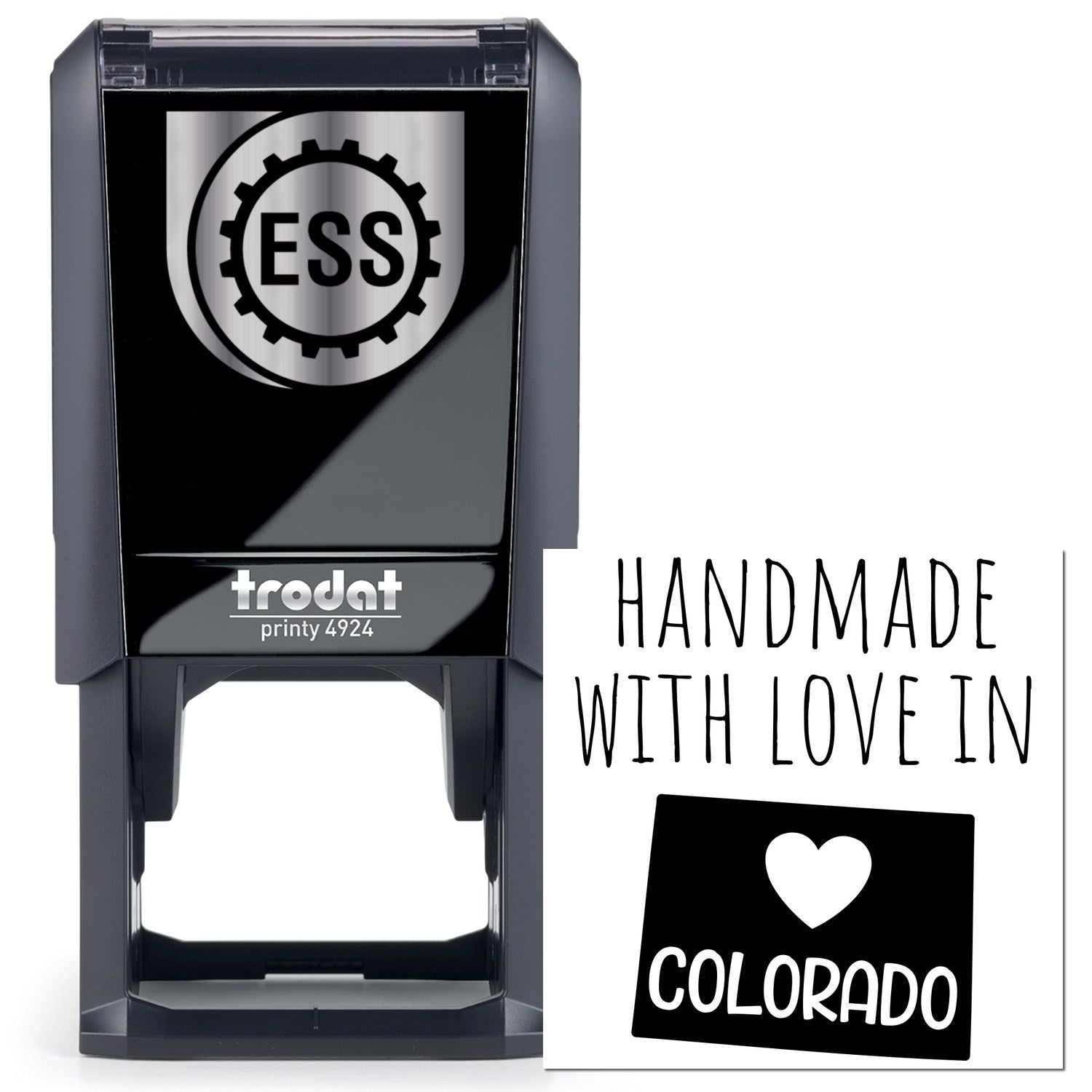 Self-Inking Colorado Handmade with Love Stamp featuring a sleek black design and Handmade with Love in Colorado text. Perfect for adding a personal touch to crafts and gifts.