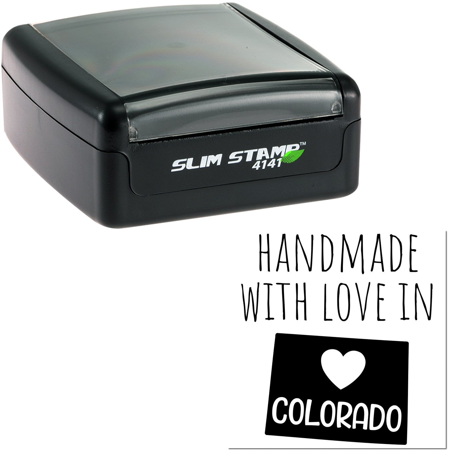 Handmade with Love in Colorado Slim Pre-Inked Stamp, featuring a compact black design with 'Slim Stamp 4141' branding, perfect for personalized stamping needs.