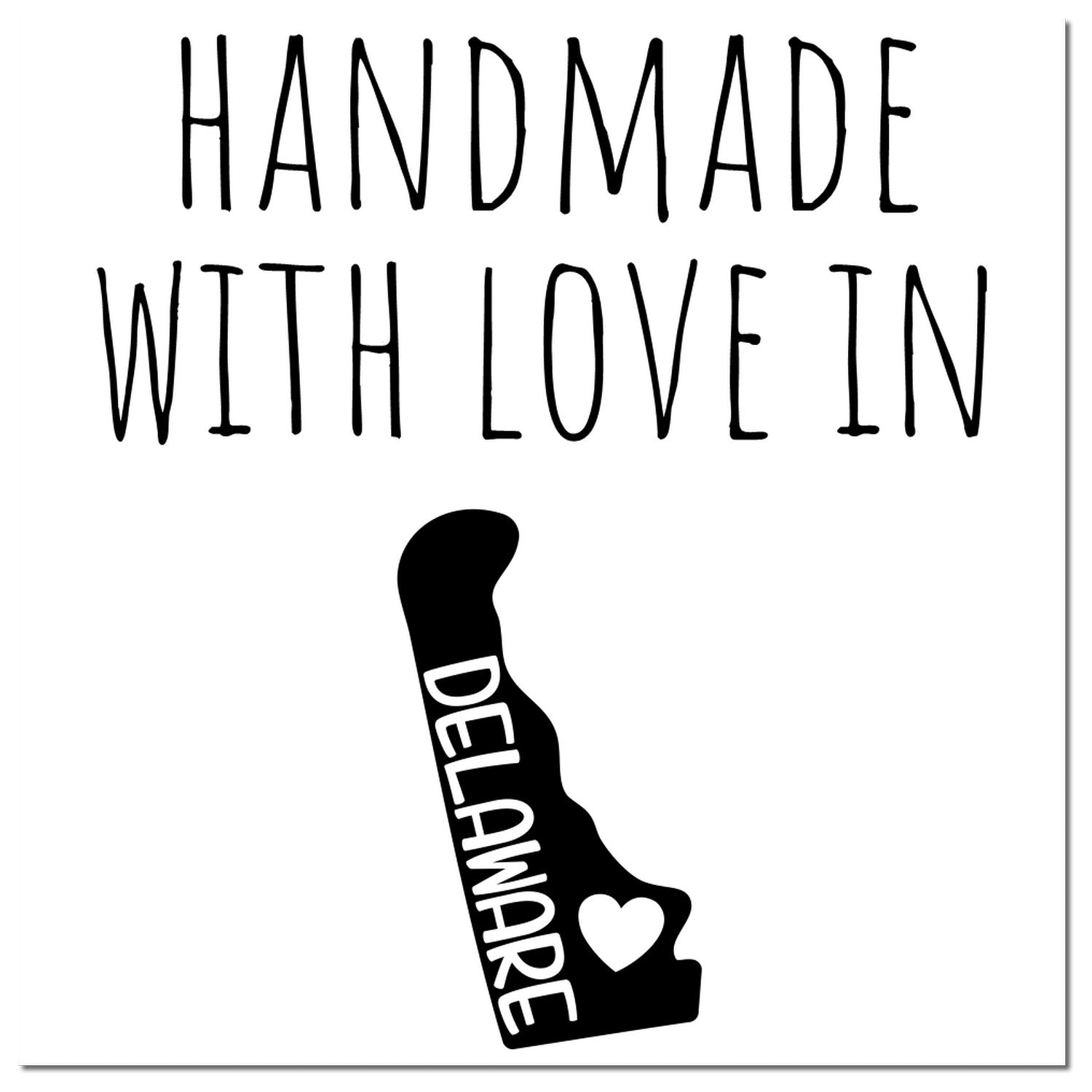 Self-Inking Delaware Handmade with Love Stamp featuring a black silhouette of Delaware with Handmade with Love text, perfect for crafts and gifts.