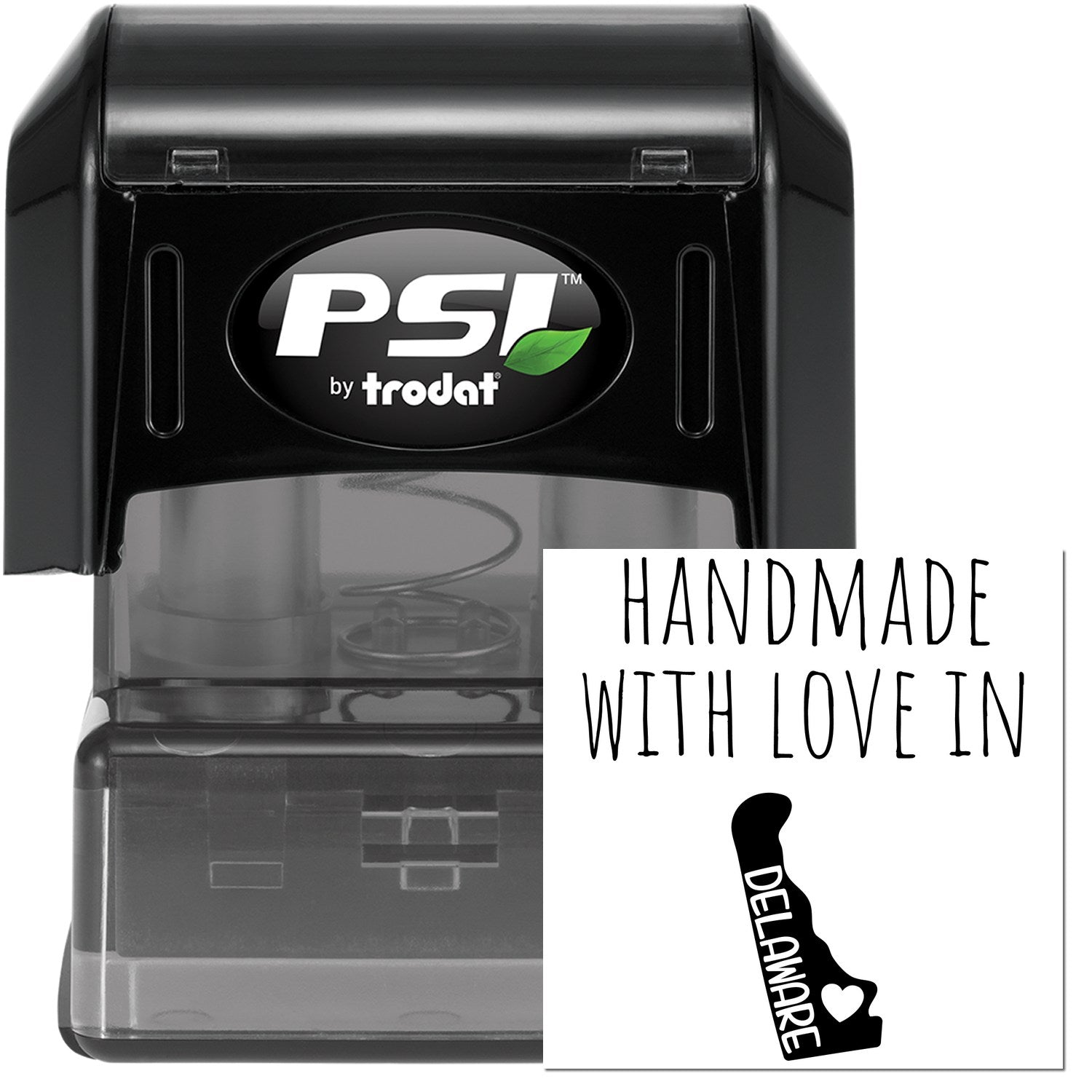 PSI Pre-Inked Handmade with Love in Delaware stamp, featuring a sleek black design and a Handmade with Love in Delaware imprint, perfect for adding a personal touch to crafts and gifts.