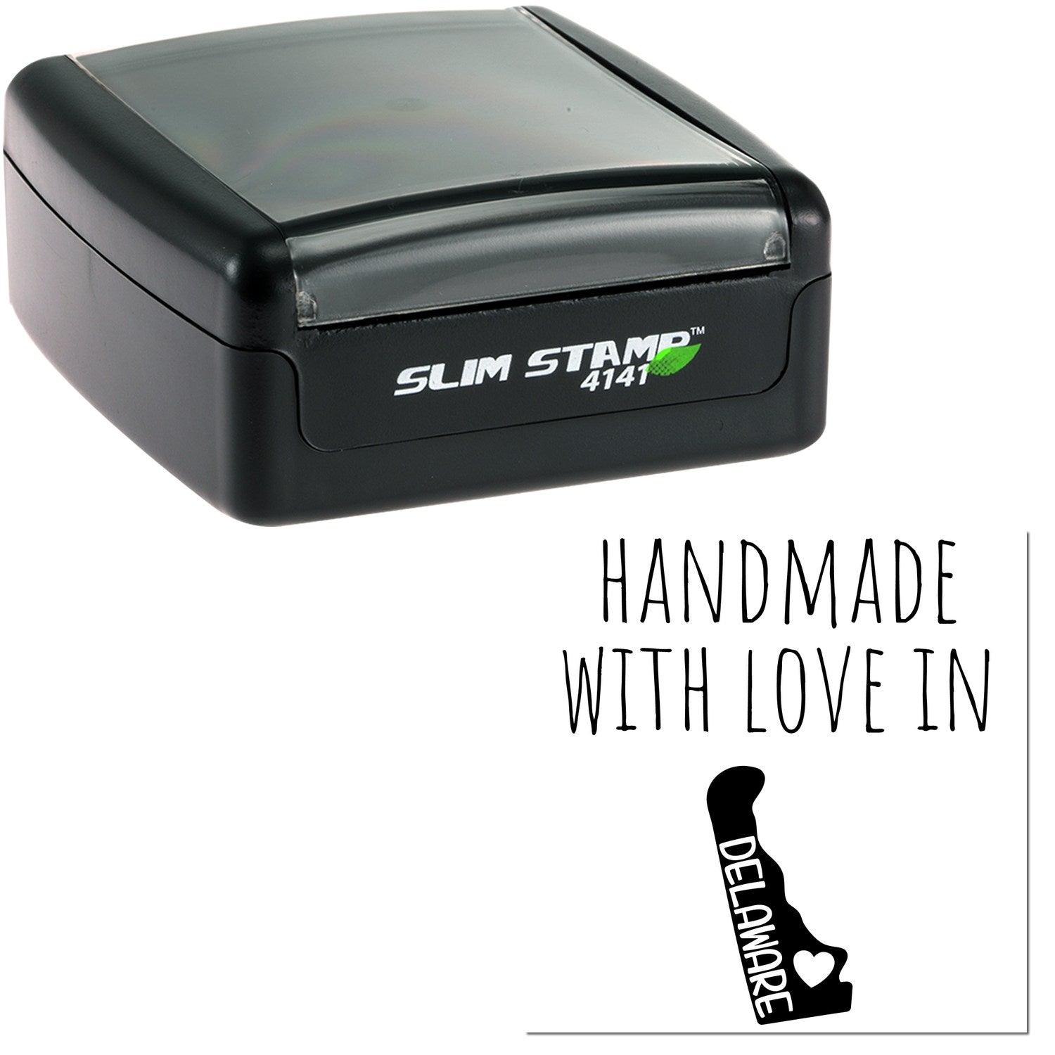 Handmade with Love in Delaware Slim Pre-Inked Stamp, black casing, compact design, featuring 'Slim Stamp 4141' logo. Ideal for personalized stamping needs.