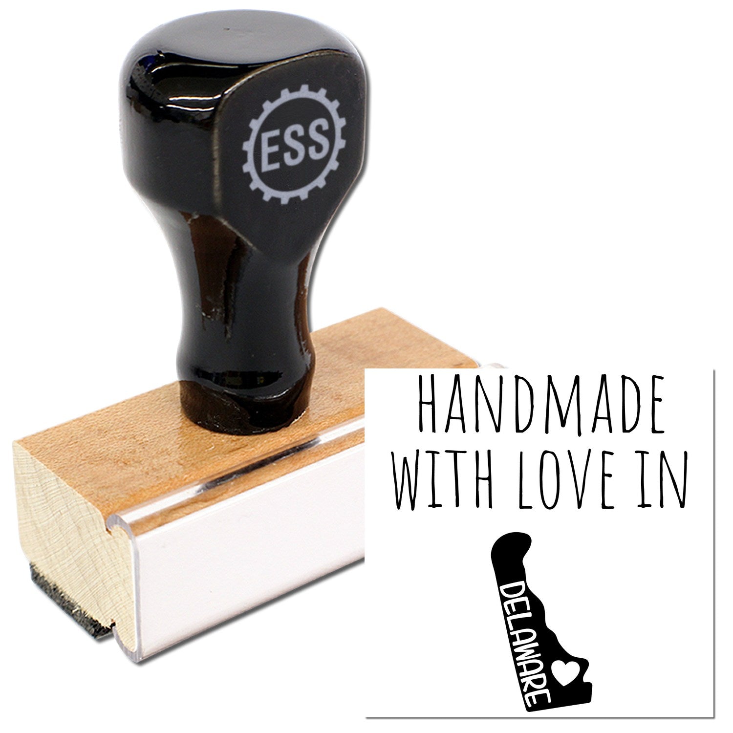 Wood Handle Delaware Handmade with Love Rubber Stamp featuring a black top with 'ESS' logo and a wooden base, alongside a stamped image of Delaware with 'Handmade with Love' text.