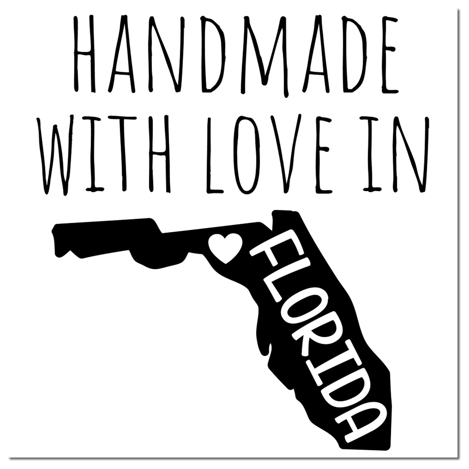 Handmade with Love in Florida Slim Pre-Inked Stamp featuring a black imprint of Florida with a heart, perfect for crafts and gifts.