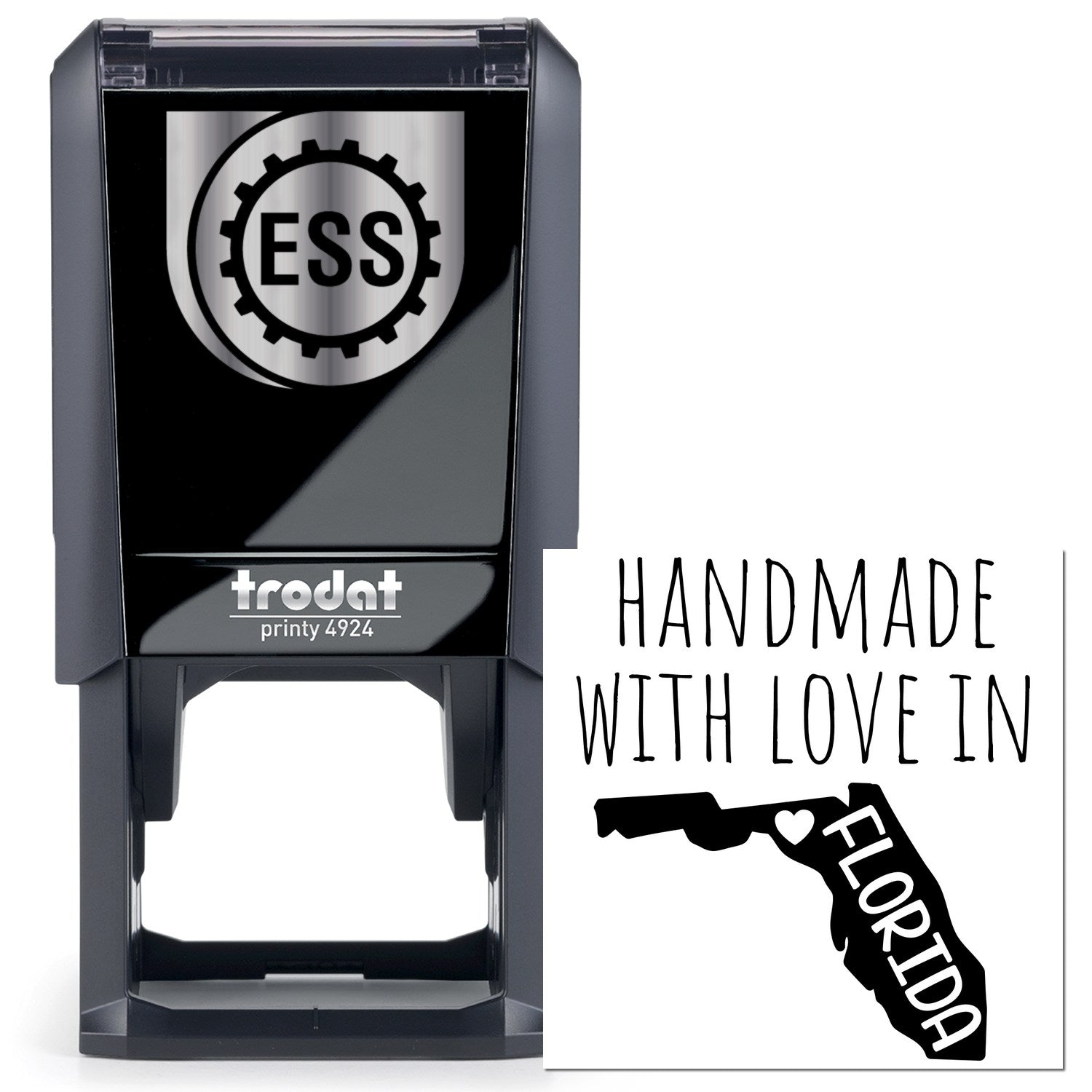 Self-Inking Florida Handmade with Love Stamp featuring a sleek black design and Handmade with Love in Florida text, perfect for crafts and gifts.