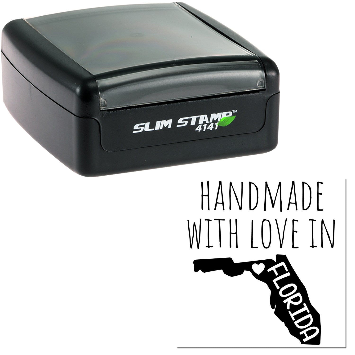 Handmade with Love in Florida Slim Pre-Inked Stamp, featuring a sleek black design with 'Slim Stamp 4141' branding and a Florida map graphic with heart detail.