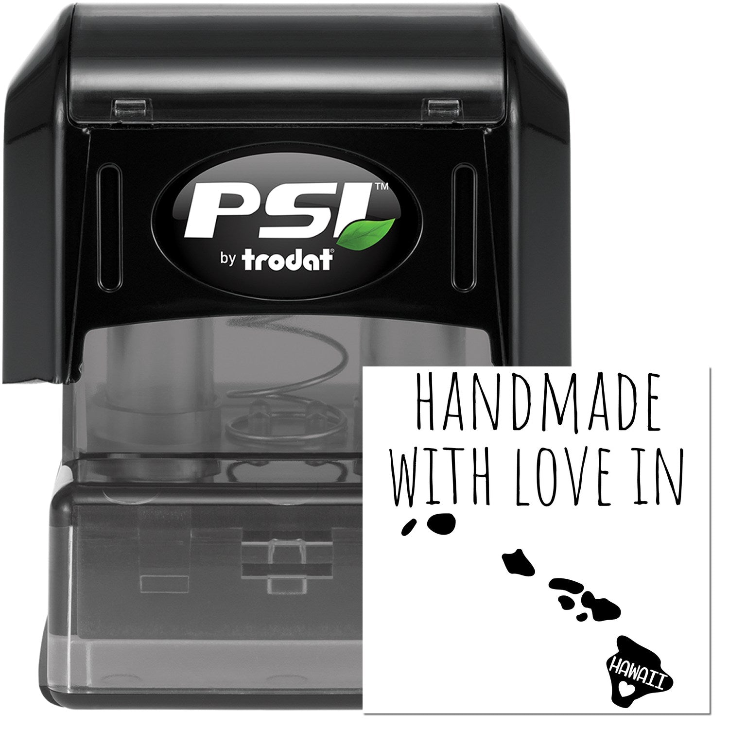 PSI Pre-Inked Handmade with Love in Hawaii stamp, featuring a sleek black design and a Handmade with Love in Hawaii imprint, perfect for adding a personal touch to crafts and gifts.