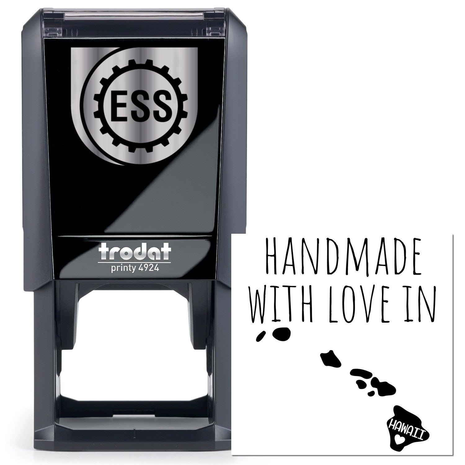 Self-Inking Hawaii Handmade with Love Stamp featuring a sleek black design and Handmade with Love in Hawaii text, perfect for adding a personal touch to crafts and gifts.