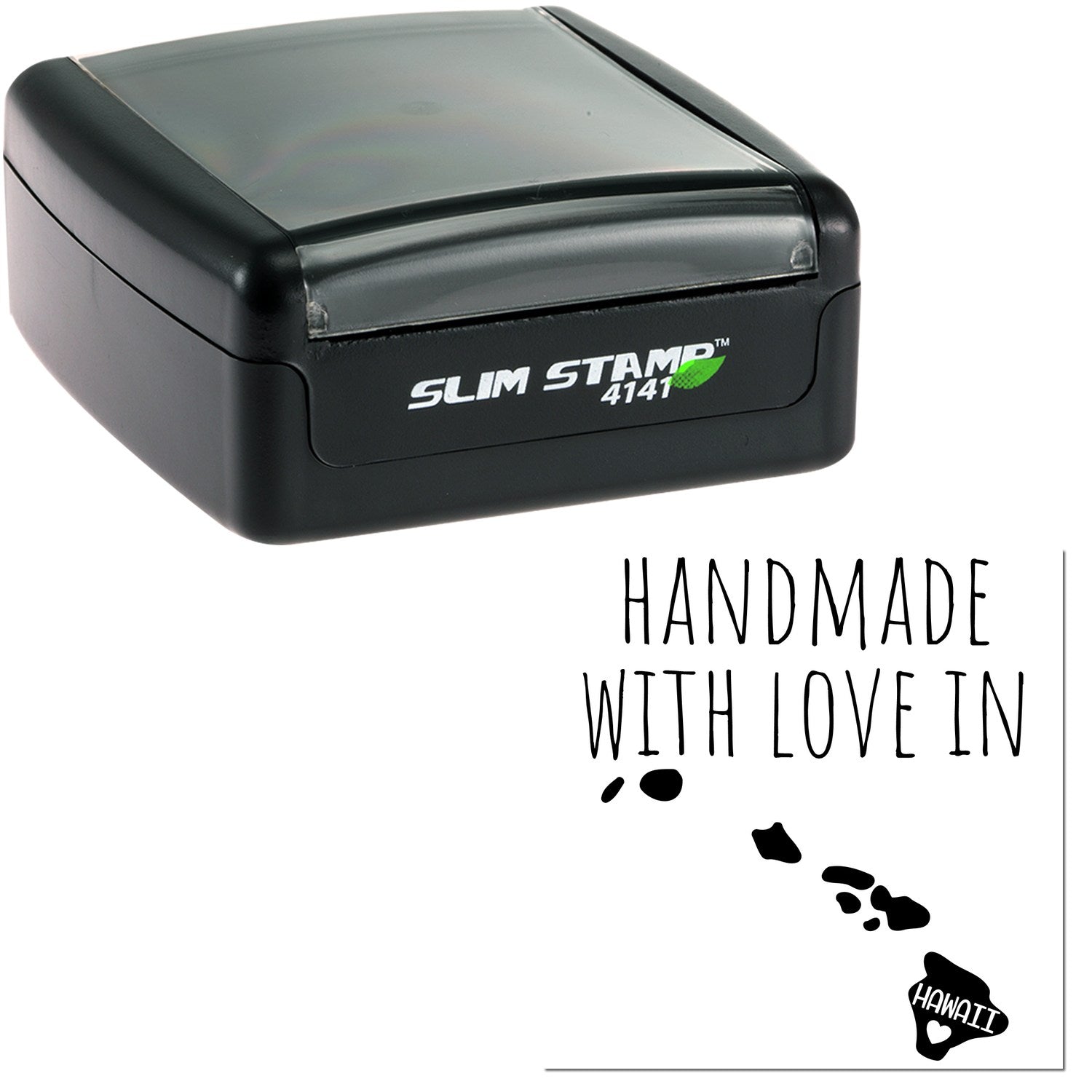 Handmade with Love in Hawaii Slim Pre-Inked Stamp, featuring a sleek black design with 'Slim Stamp 4141' branding, and a map of Hawaii with 'Handmade with Love' text.