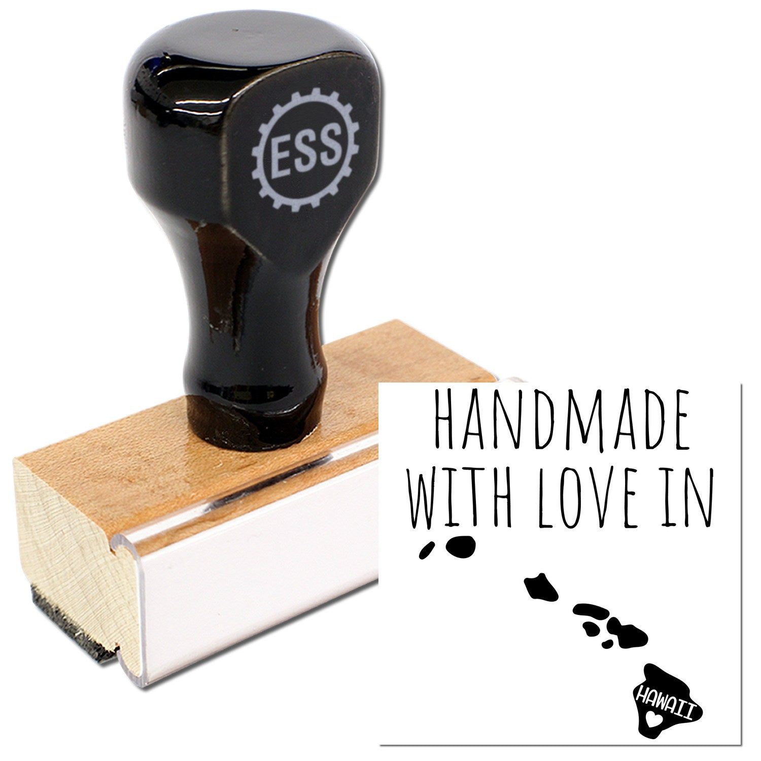 Wood Handle Hawaii Handmade with Love Rubber Stamp featuring a sleek black top and sturdy wooden base, perfect for adding a personal touch to crafts and gifts.