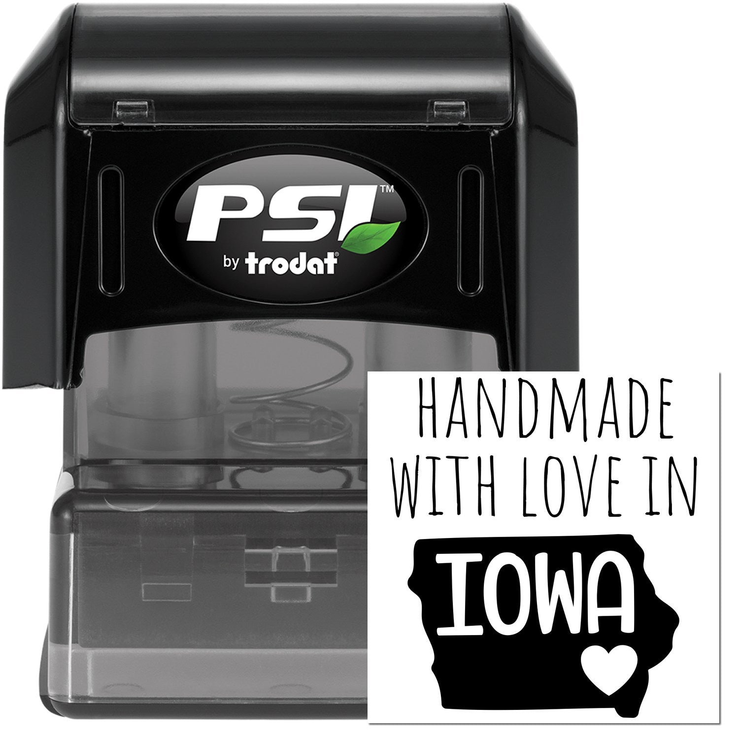 PSI Pre-Inked Handmade with Love in Iowa stamp, featuring a black casing and a design with Handmade with Love in Iowa text and a heart inside the state outline.