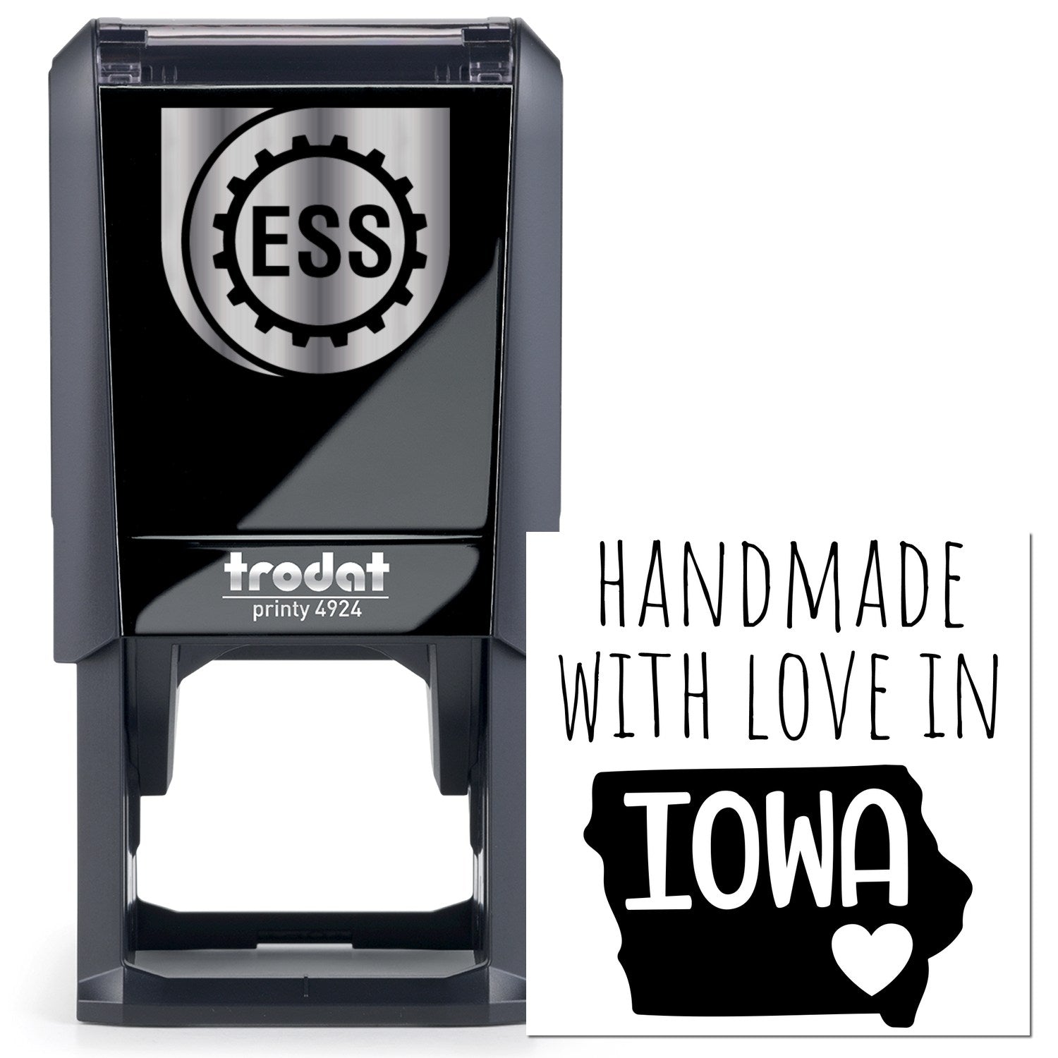 Self-Inking Iowa Handmade with Love Stamp featuring a black casing and Handmade with Love in Iowa text. Perfect for adding a personal touch to crafts and gifts.