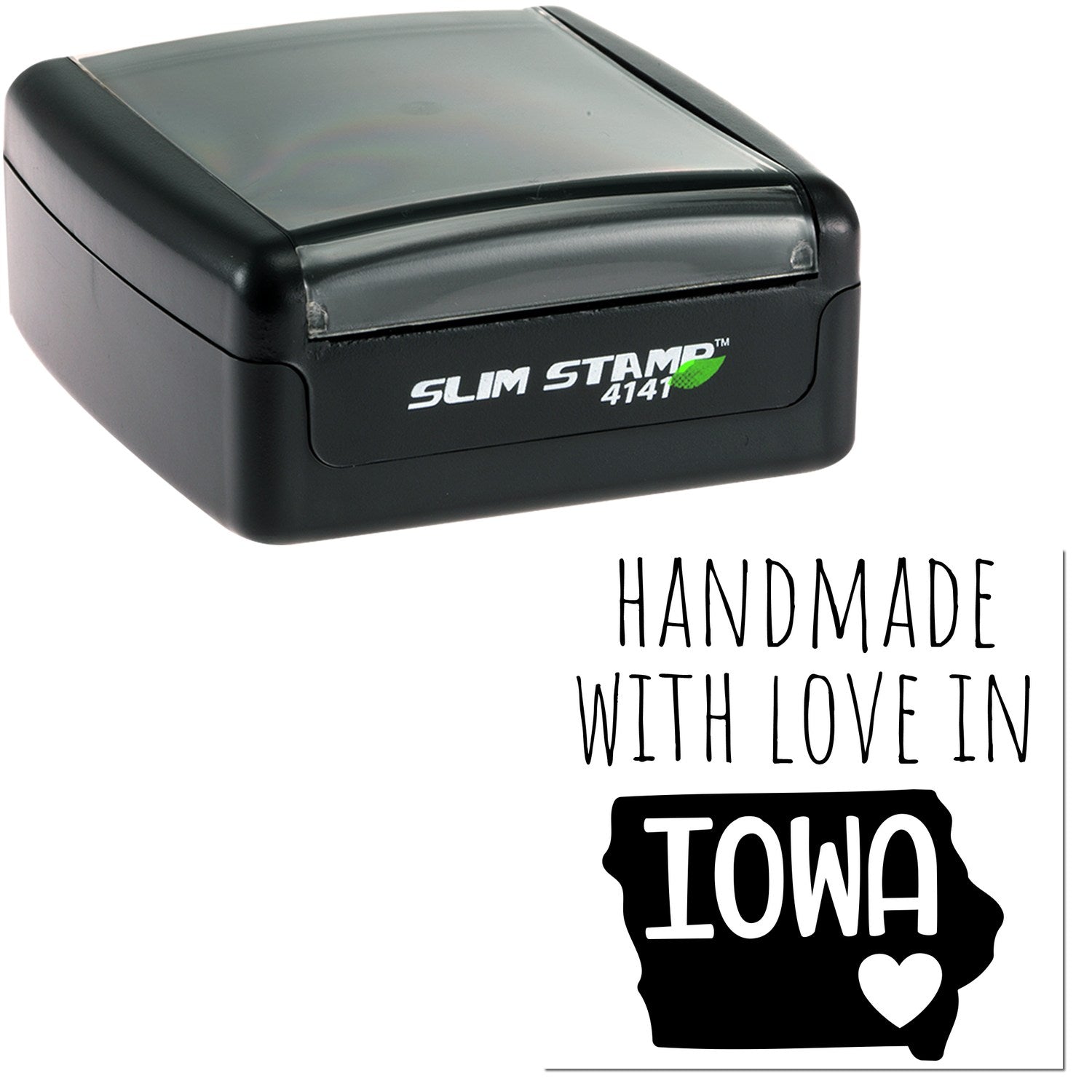 Handmade with Love in Iowa Slim Pre-Inked Stamp, featuring a sleek black design with 'Slim Stamp 4141' branding, and a heart graphic symbolizing Iowa craftsmanship.