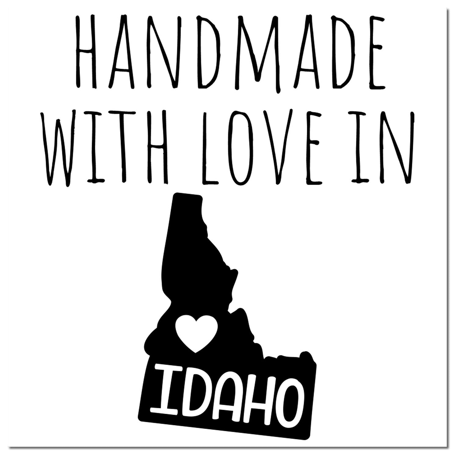 Self-Inking Idaho Handmade with Love Stamp featuring a black silhouette of Idaho with a heart and bold text. Perfect for crafts and gifts.