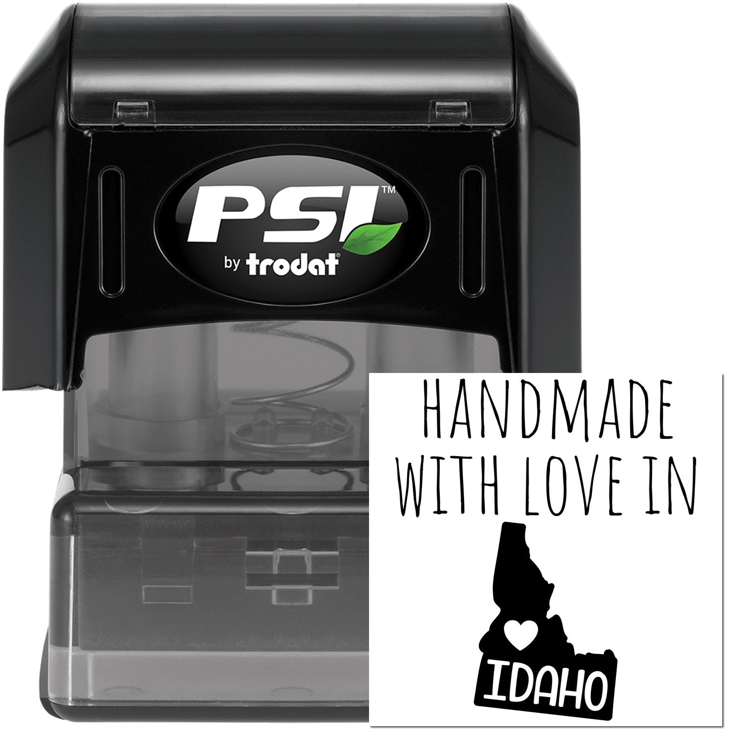 PSI Pre-Inked Handmade with Love in Idaho stamp, featuring a black casing and a design with the Idaho state outline and heart. Perfect for personalized stamping needs.