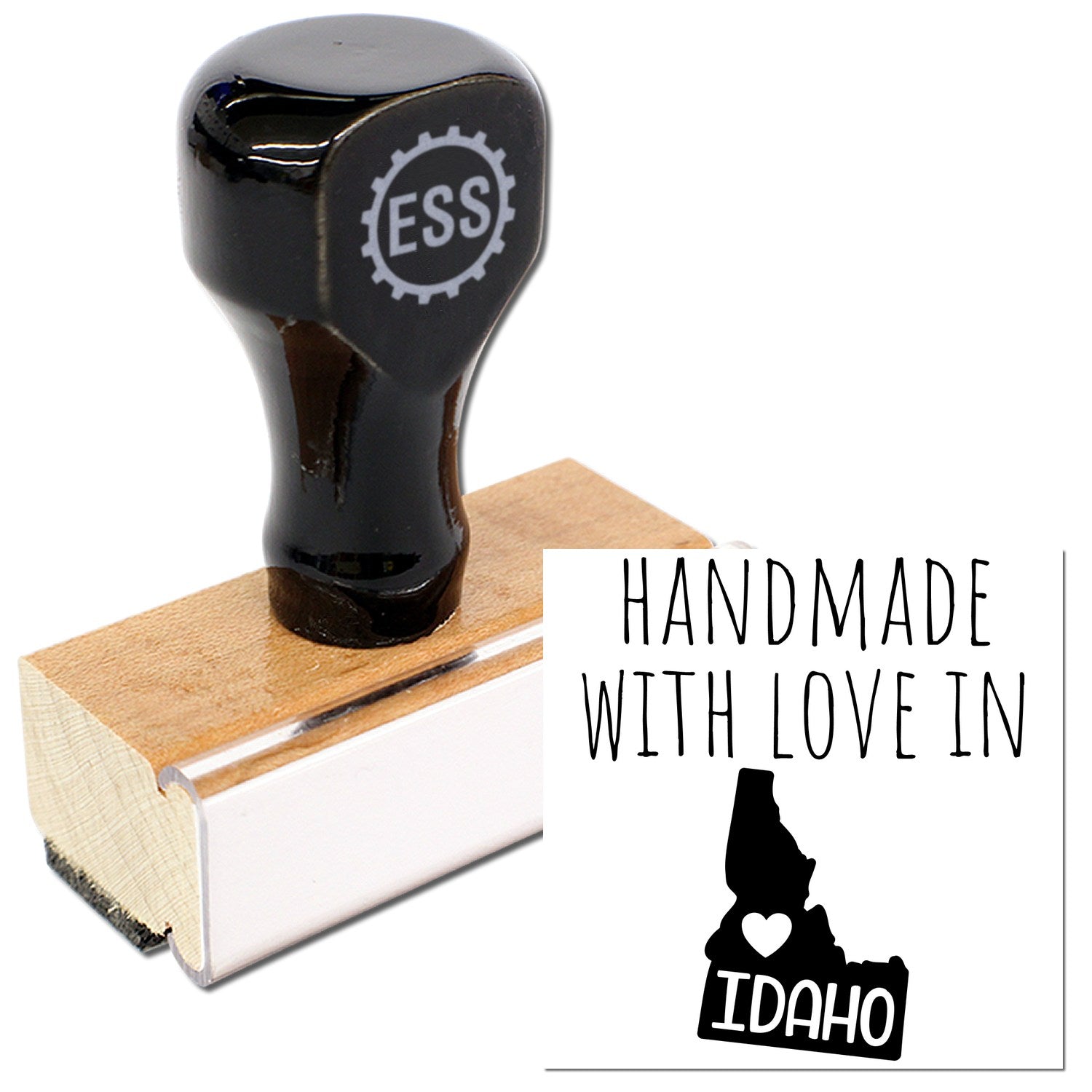 Wood Handle Idaho Handmade with Love Rubber Stamp featuring a black handle and wooden base, showcasing Handmade with Love in Idaho text and state outline. Perfect for crafts and gifts.