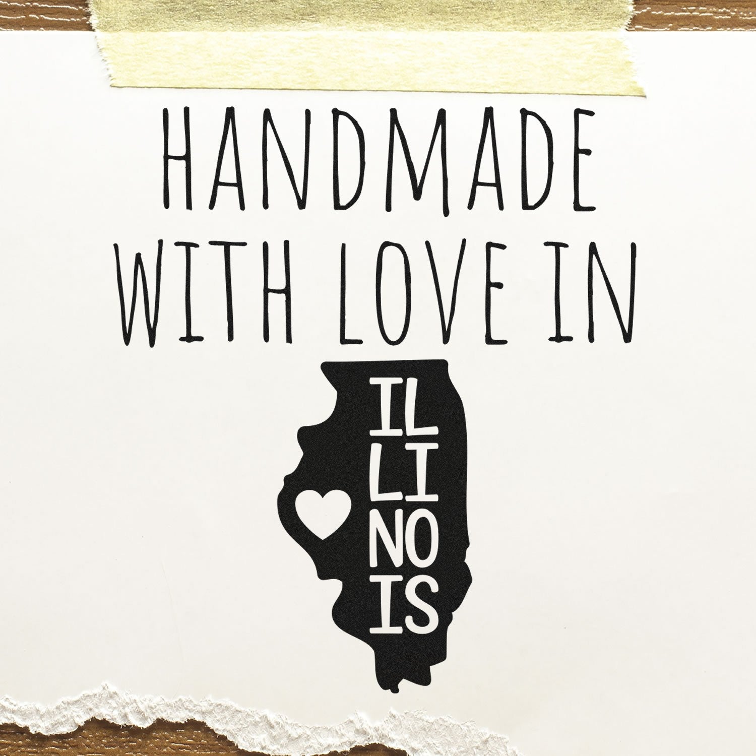 Wood Handle Illinois Handmade with Love Rubber Stamp featuring a silhouette of Illinois with a heart, perfect for crafts and gifts.