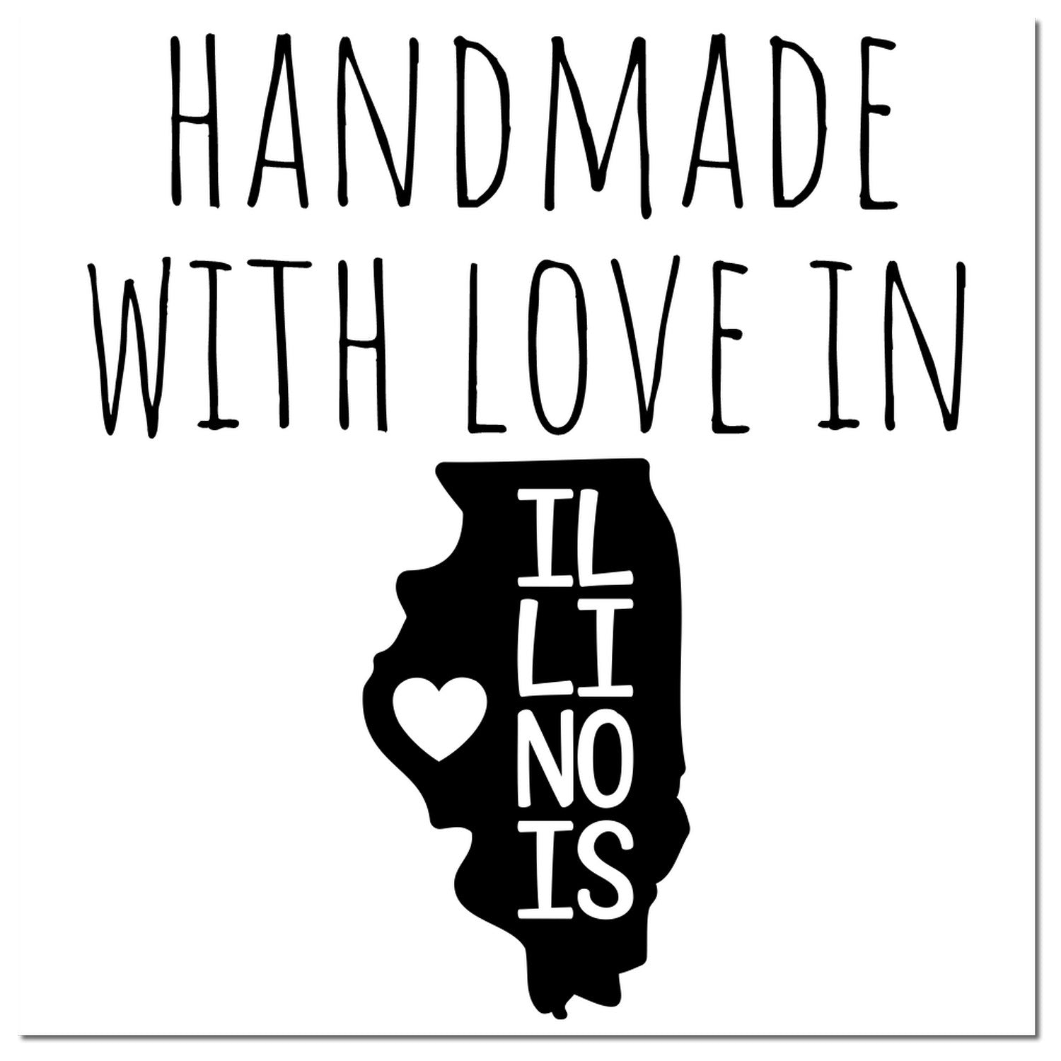 Self-Inking Illinois Handmade with Love Stamp featuring a black outline of Illinois with a heart and text 'Handmade with Love in Illinois.' Perfect for crafts and gifts.