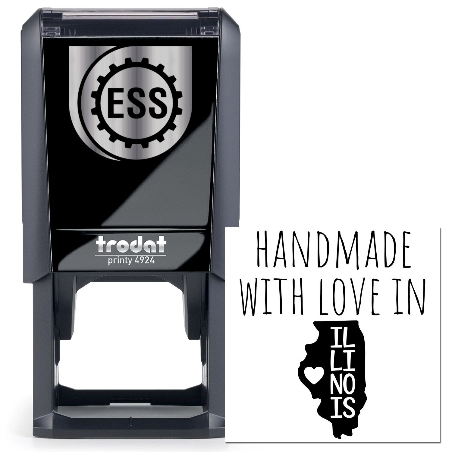 Self-Inking Illinois Handmade with Love Stamp featuring a black casing and Handmade with Love in Illinois design. Perfect for crafts and personalized projects.