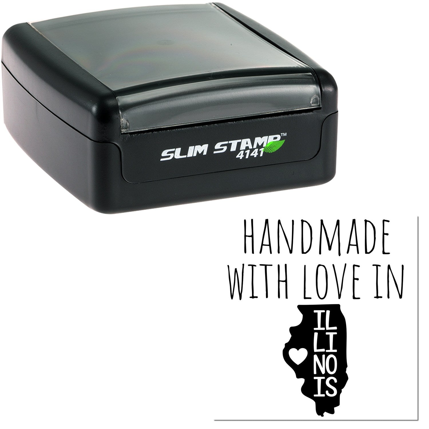 Handmade with Love in Illinois Slim Pre-Inked Stamp, black casing, compact design, featuring 'Slim Stamp 4141' branding and Illinois state outline with heart graphic.