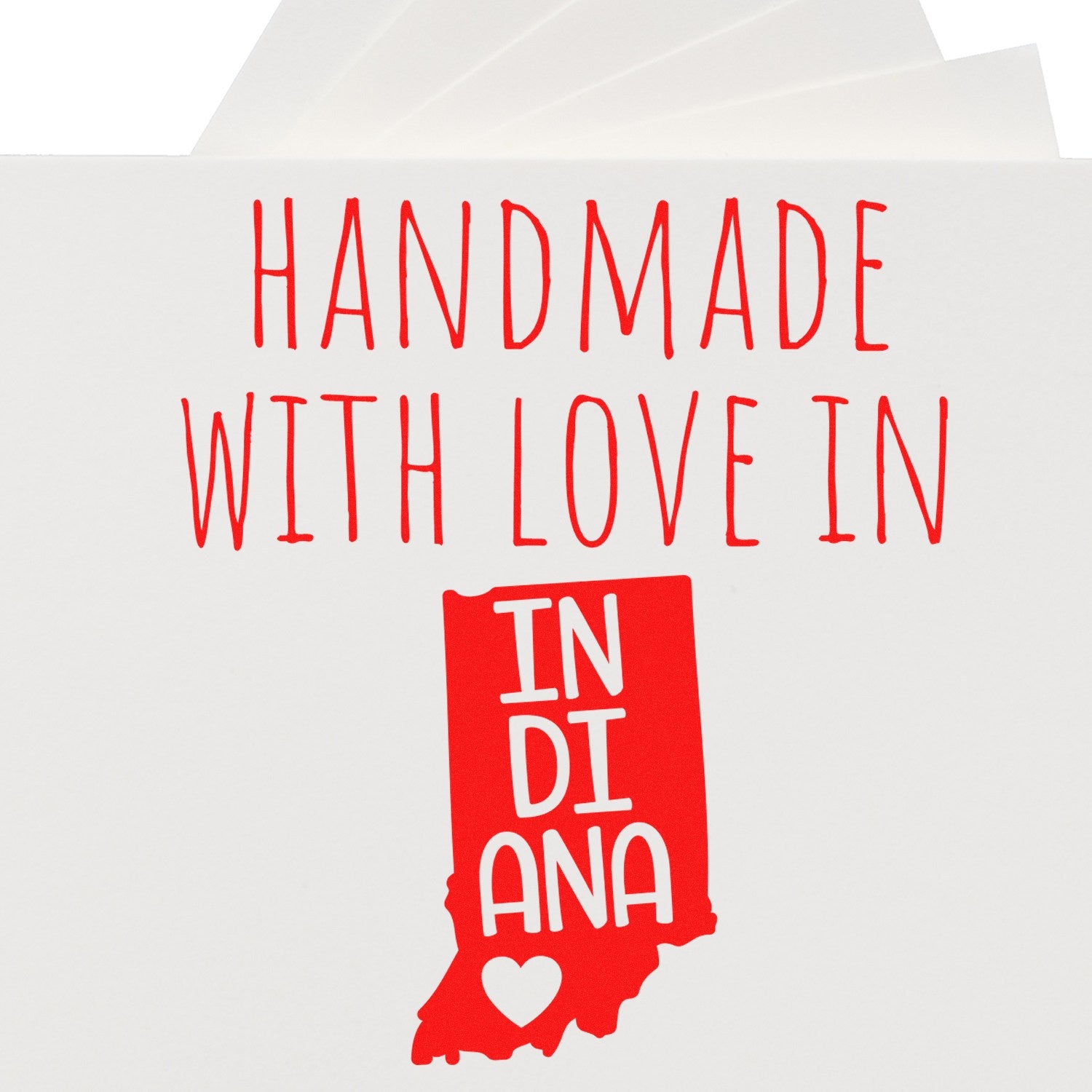 Wood Handle Indiana Handmade with Love Rubber Stamp featuring a red Indiana state outline and text Handmade with Love in Indiana on a white background. Perfect for crafts and gifts.